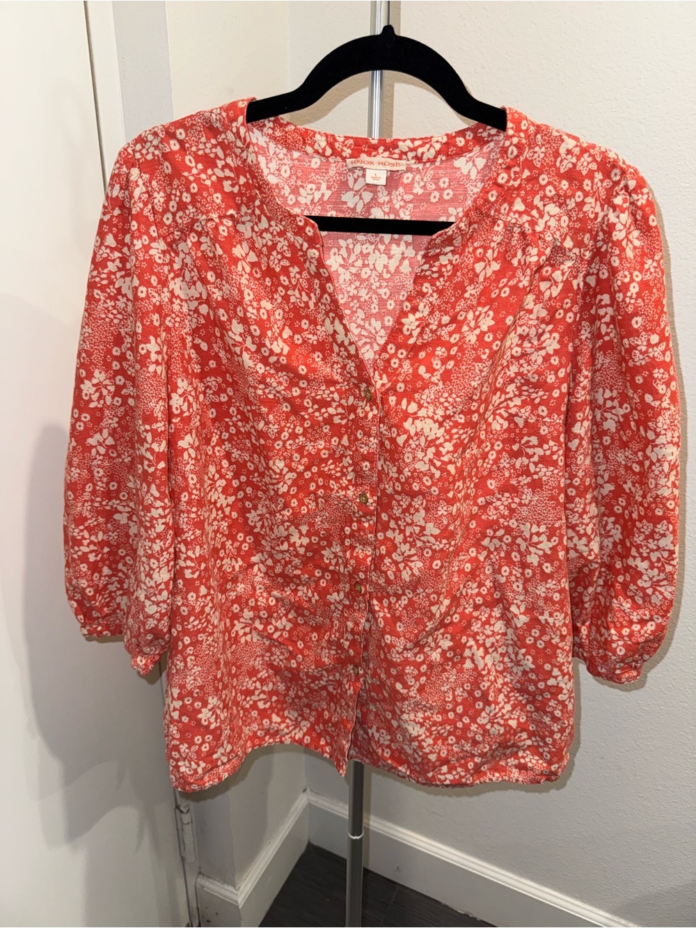 Knox Rose Coral and White Floral Button-Up Blouse Cotton Blend 3/4‎ sleeve